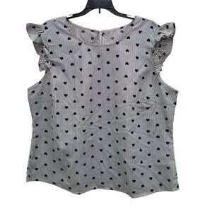 Shein Curve Woman's Gray White Stripe Black Heart Retro‎ Flutter Top Plus 2XL